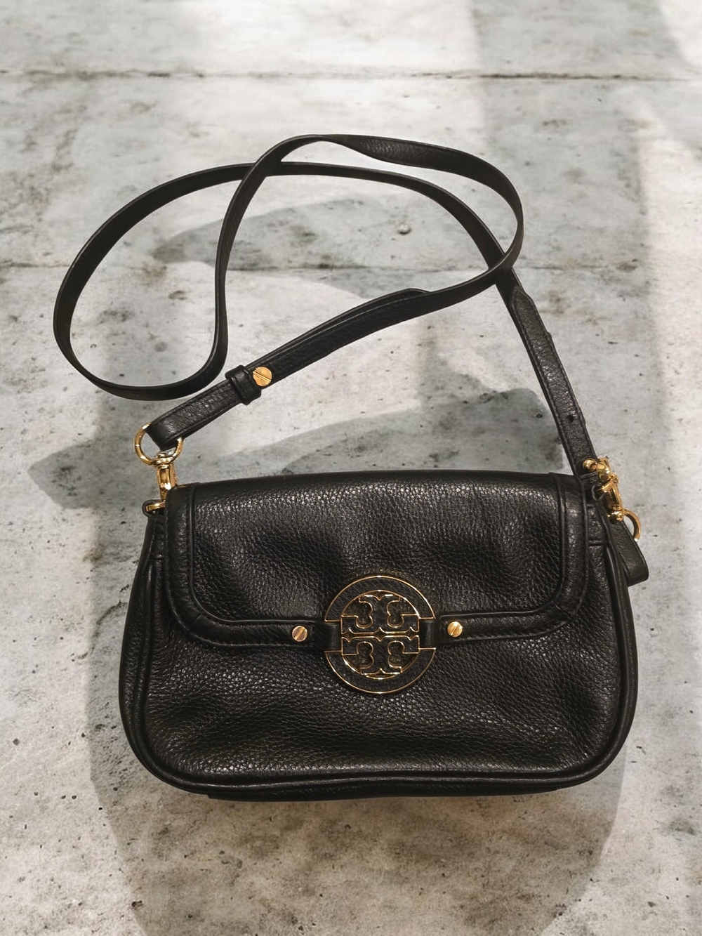 Tory Burch Black Pebbled Leather Flap Crossbody with Gold Logo